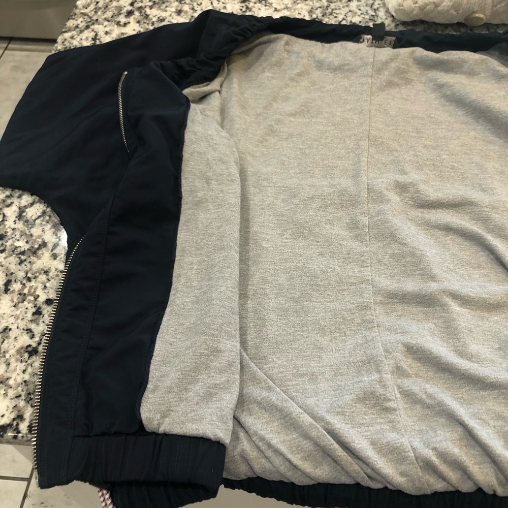 Athleta Chill Bomber Jacket Cropped Fully Lined Front Zip Drawstrings Navy Blue - Picture 12 of 15